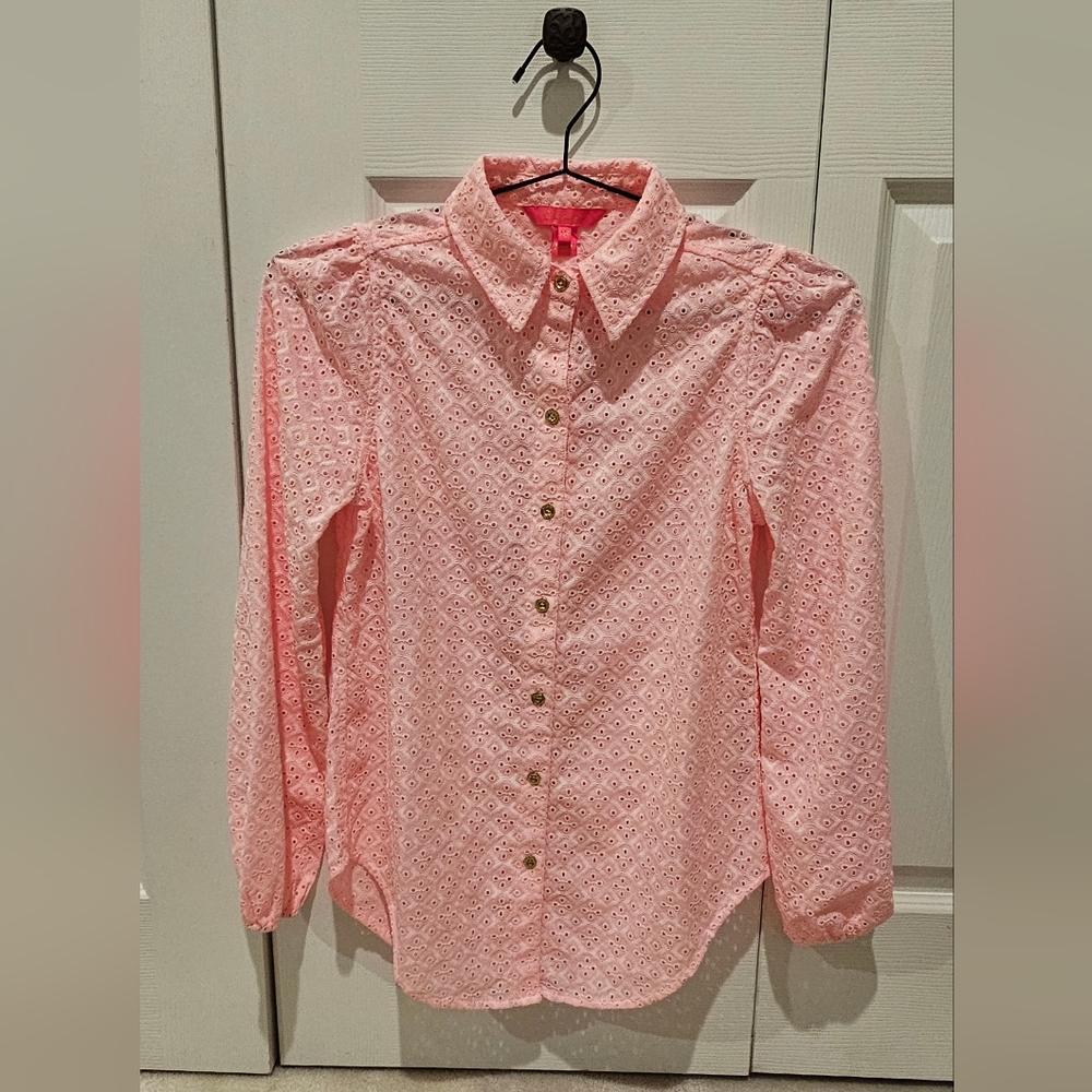 Lilly Pulitzer XXS Sea Breeze Eyelet Button Down, Pink Blossom